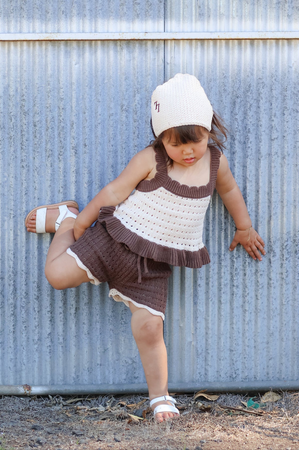 Toddler wearing the Blossom Set in Chestnut — girls' 100% organic cotton knit two-piece