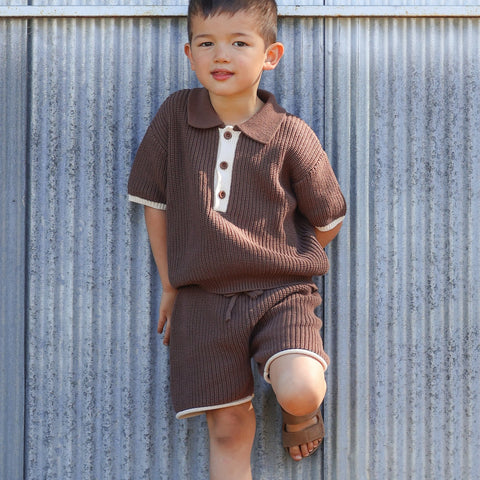 Toddler wearing the Willow Set in Chestnut — boys' 100% organic cotton knit two-piece with oat detailing